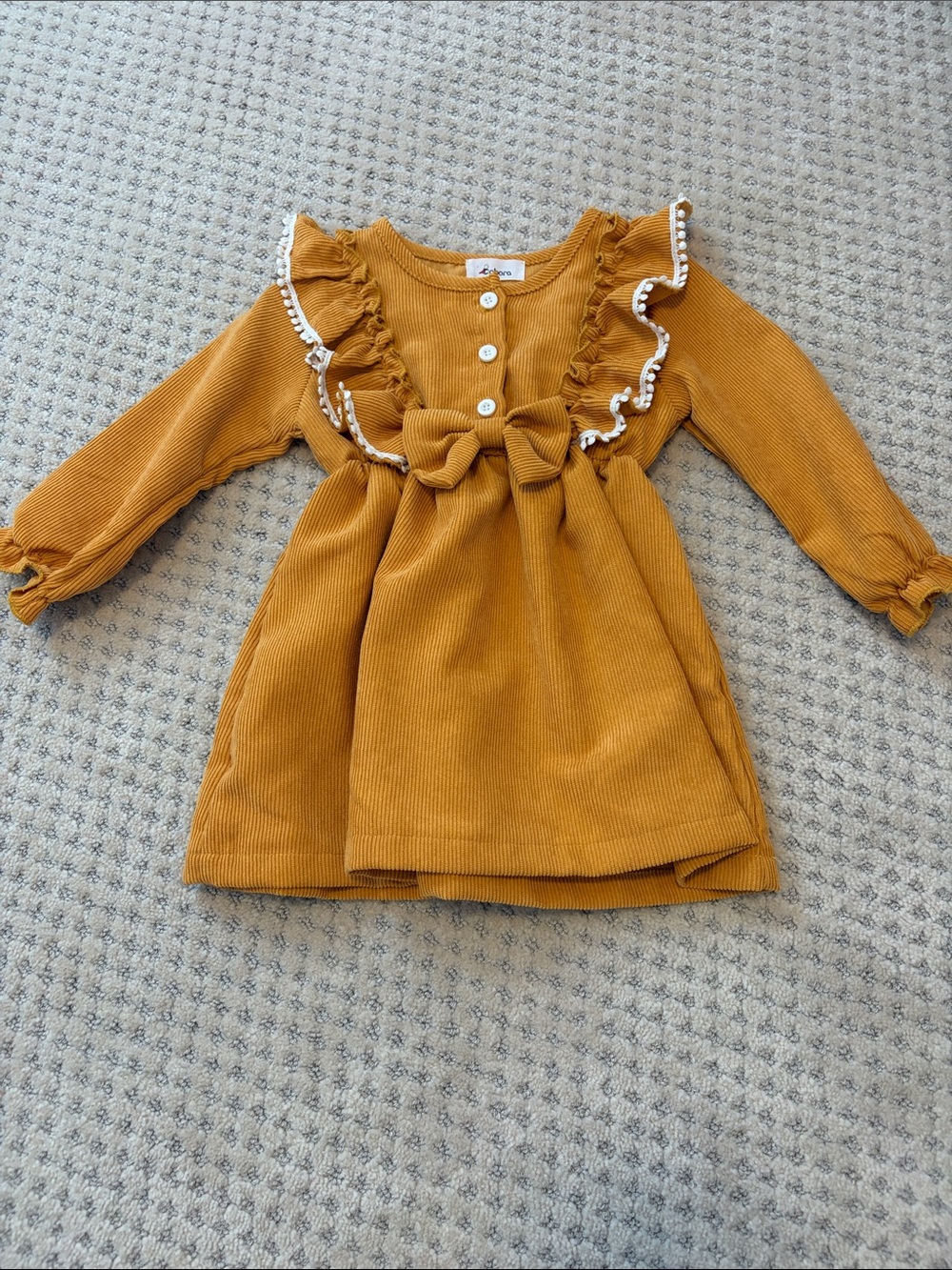 Amazon Girls Mustard Corduroy Ruffle Dress with Bow